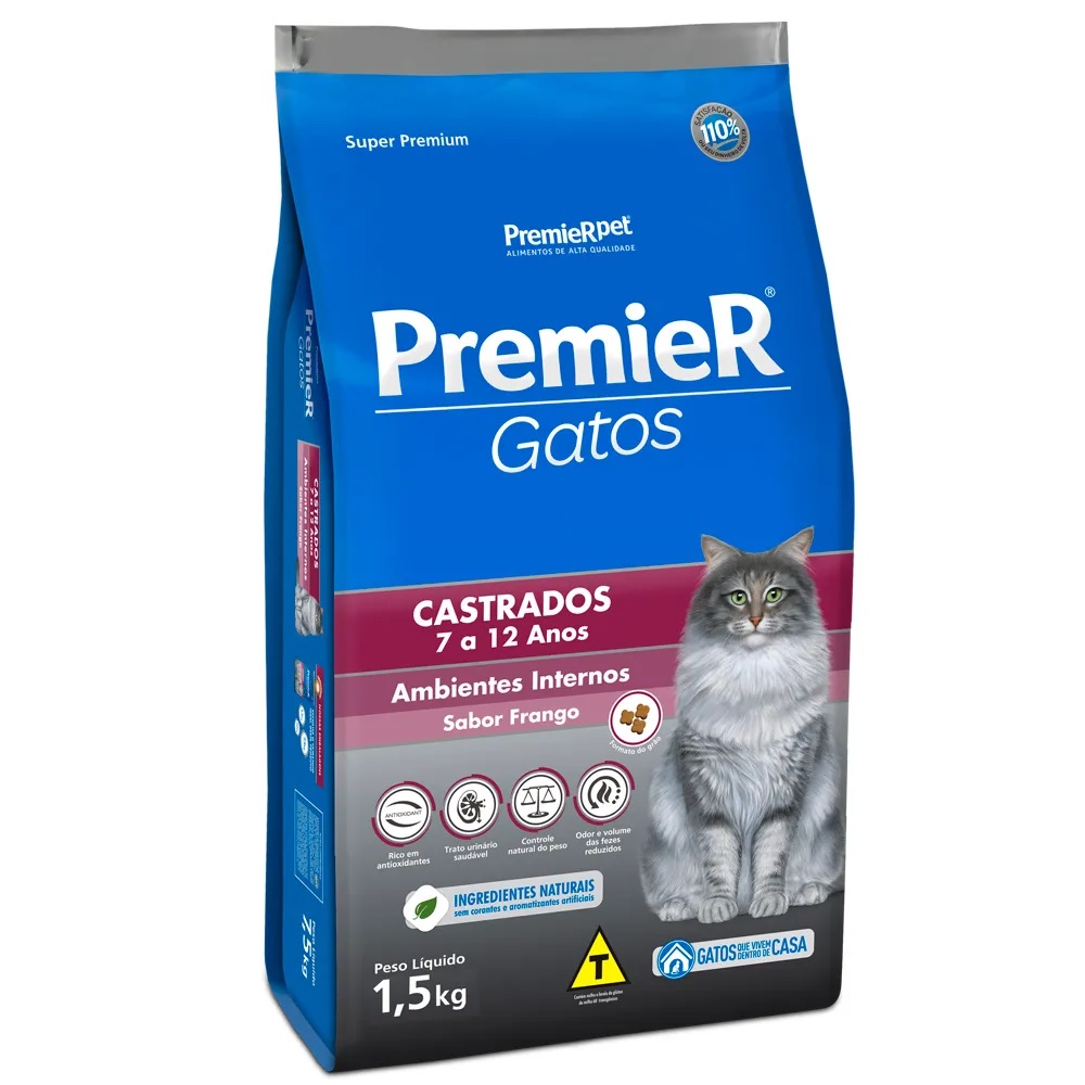 Premier Gatos Castrados De 7 a 12 Anos Ambientes Internos Frango 1,5 kg Premier Gatos Castrados De 7 a 12 Anos Ambientes Internos Frango 1,5 kg