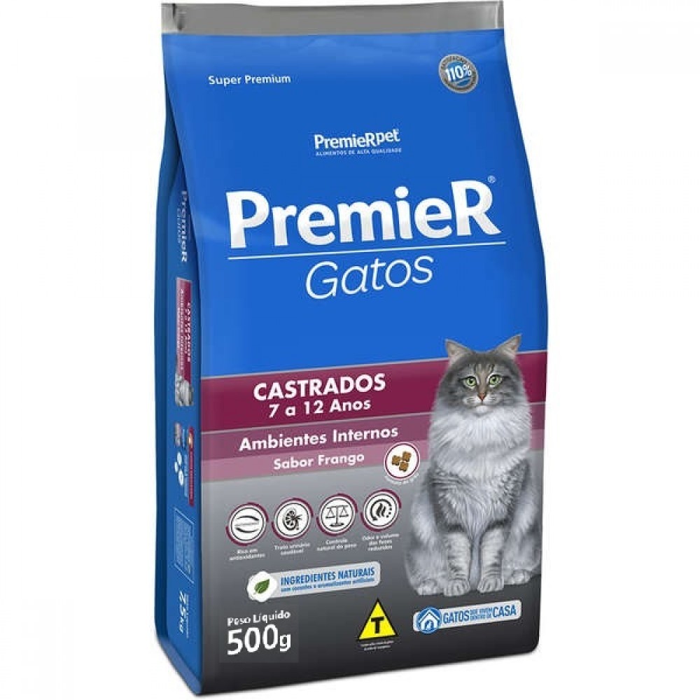 Premier Gatos Castrados De 7 a 12 Anos Ambientes Internos Frango 500 g Premier Gatos Castrados De 7 a 12 Anos Ambientes Internos Frango 500 g