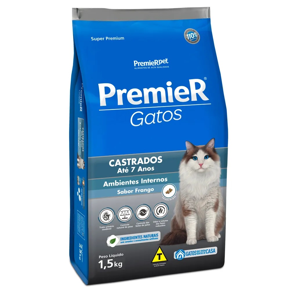 Premier Gatos Castrados Até 7 Anos Ambientes Internos Frango 1,5 kg Premier Gatos Castrados Até 7 Anos Ambientes Internos Frango 1,5 kg