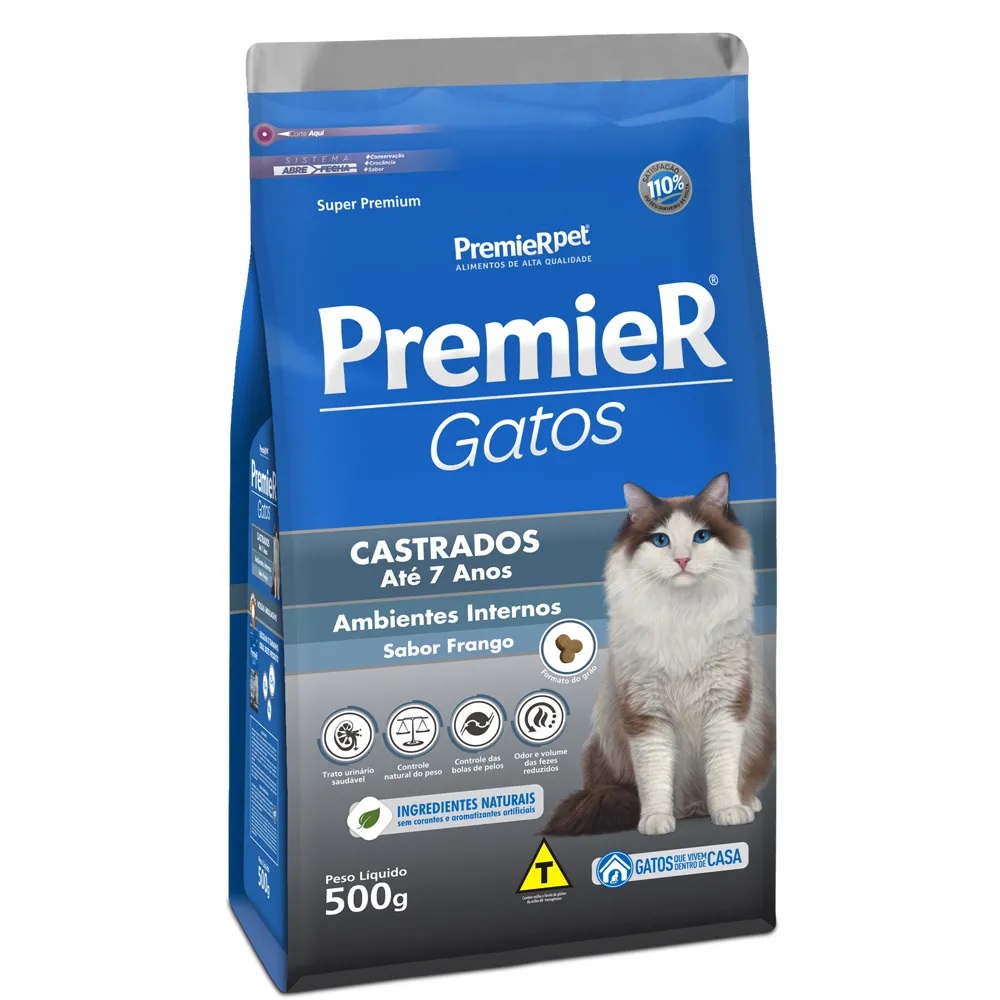Premier Gatos Castrados Até 7 Anos Ambientes Internos Frango 500 g Premier Gatos Castrados Até 7 Anos Ambientes Internos Frango 500 g