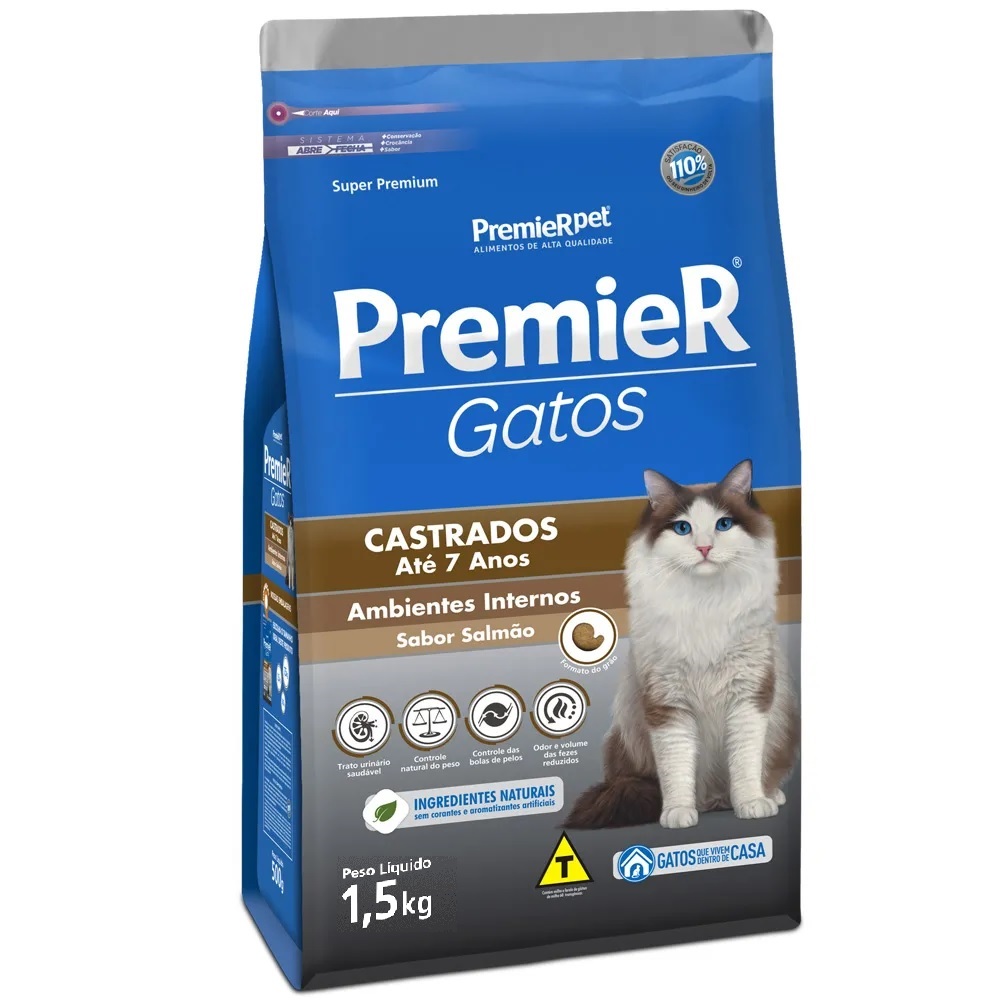 Premier Gatos Castrados Até 7 Anos Ambientes Internos Salmão 1,5 kg Premier Gatos Castrados Até 7 Anos Ambientes Internos Salmão 1,5 kg