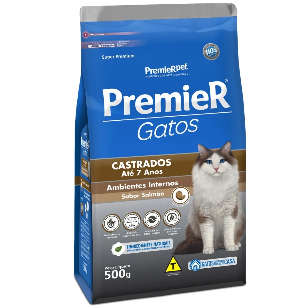 Premier Gatos Castrados Até 7 Anos Ambientes Internos Salmão 500 g Premier Gatos Castrados Até 7 Anos Ambientes Internos Salmão 500 g