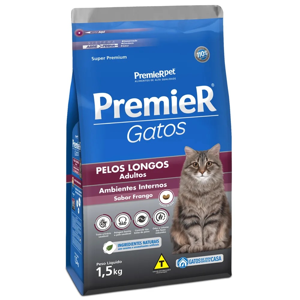 Premier Gatos Pelos Longos Adultos Ambientes Internos Frango 1,5 kg Premier Gatos Pelos Longos Adultos Ambientes Internos Frango 1,5 kg