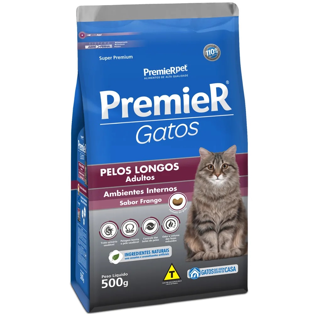Premier Gatos Pelos Longos Adultos Ambientes Internos Frango 500 g Premier Gatos Pelos Longos Adultos Ambientes Internos Frango 500 g