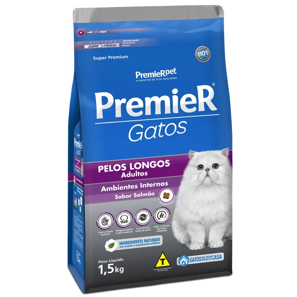Premier Gatos Pelos Longos Adultos Ambientes Internos Salmão 1,5 kg Premier Gatos Pelos Longos Adultos Ambientes Internos Salmão 1,5 kg