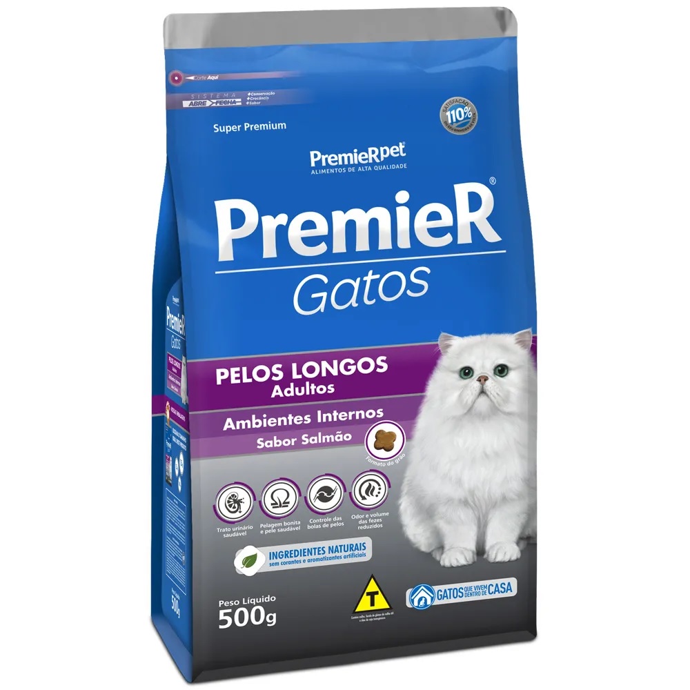 Premier Gatos Pelos Longos Adultos Ambientes Internos Salmão 500 g Premier Gatos Pelos Longos Adultos Ambientes Internos Salmão 500 g