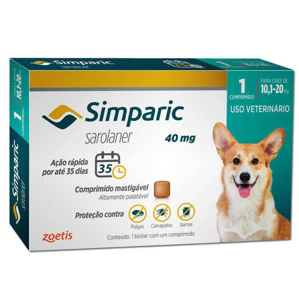 Simparic 40 mg Antipulgas Cães 10,1 a 20 kg Simparic 40 mg Antipulgas Cães 10,1 a 20 kg